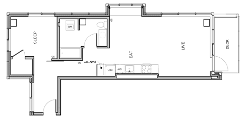 Floor plan for 1 bed, 1 bath, 818 sqft